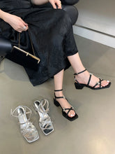 LBSFY  -  Open Toe Women Sandals Black Silver Summer Dress Shoes Thick Mid Heels Ankle Strap Party Pumps Butterfly Design Rhinestone Bow